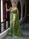 Banarasee Organza Mix Saree With Silver Zari Buti Design & Border-Leaf Green