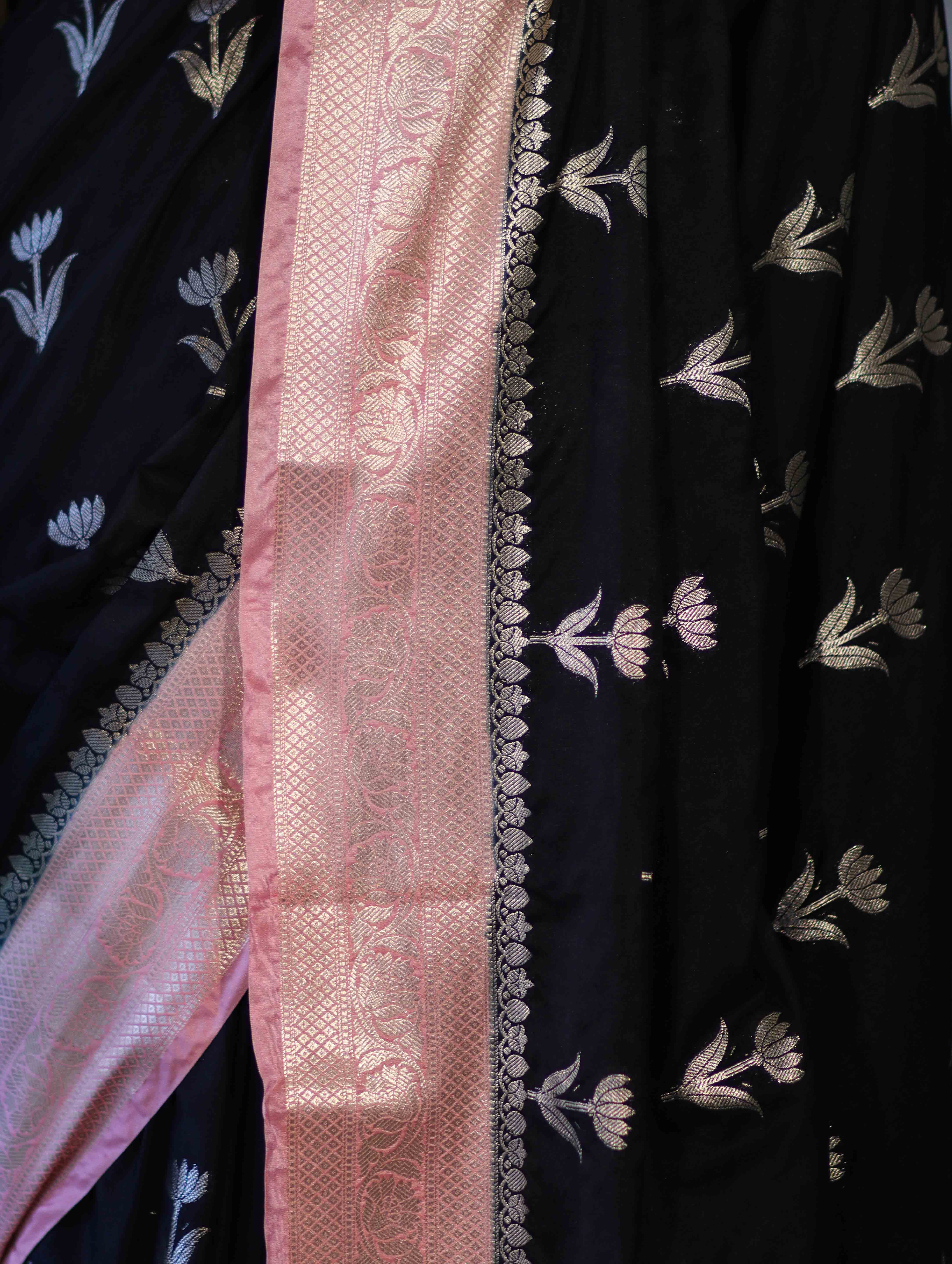 Banarasee Handloom Semi Silk With Zari Buta Work & Contrast Border-Black & Light Pink