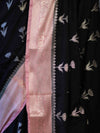 Banarasee Handloom Semi Silk With Zari Buta Work & Contrast Border-Black & Light Pink