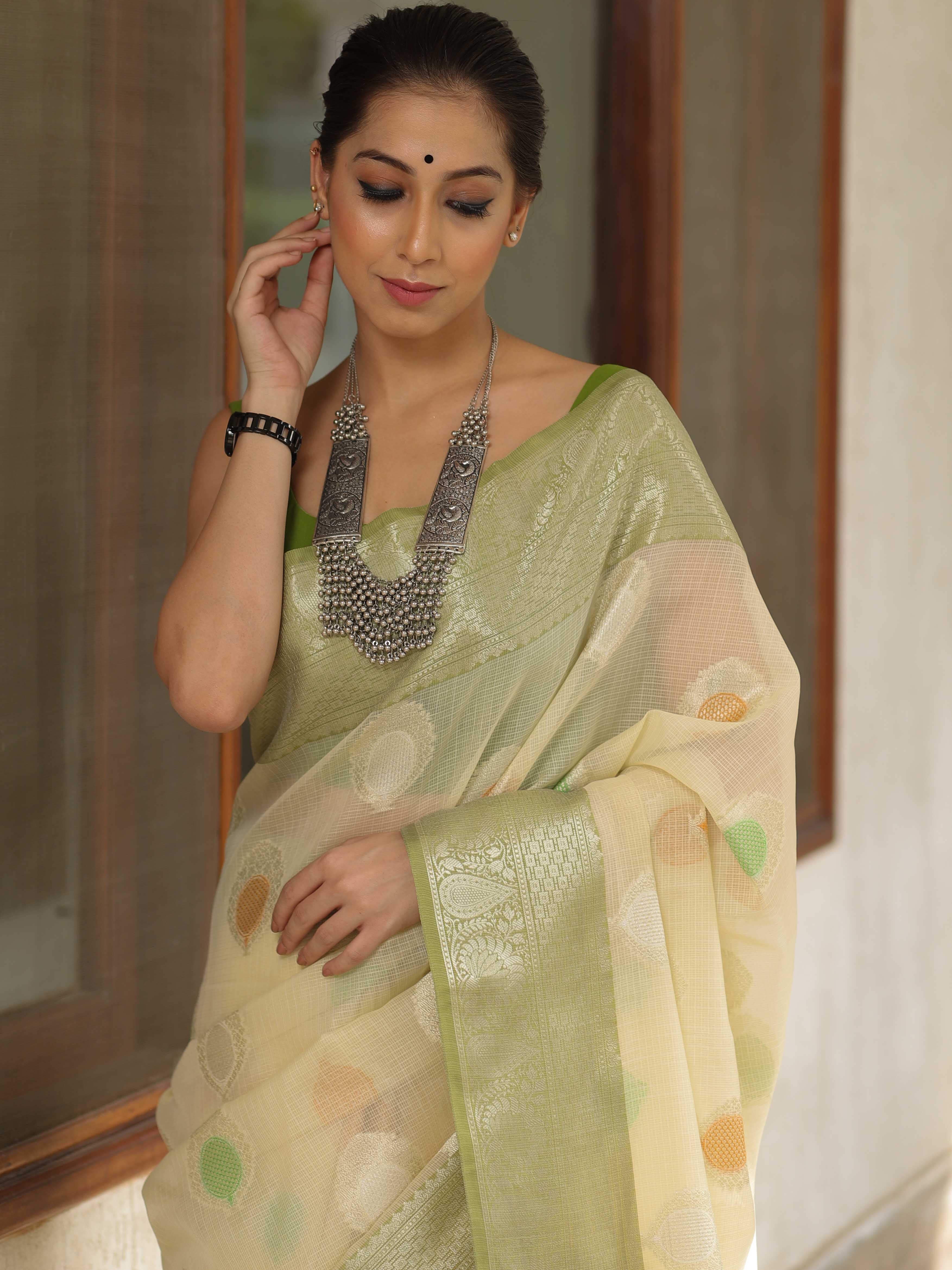 Banarasee Kota Checks Saree With Floral Buta & Border Design-Light Yellow