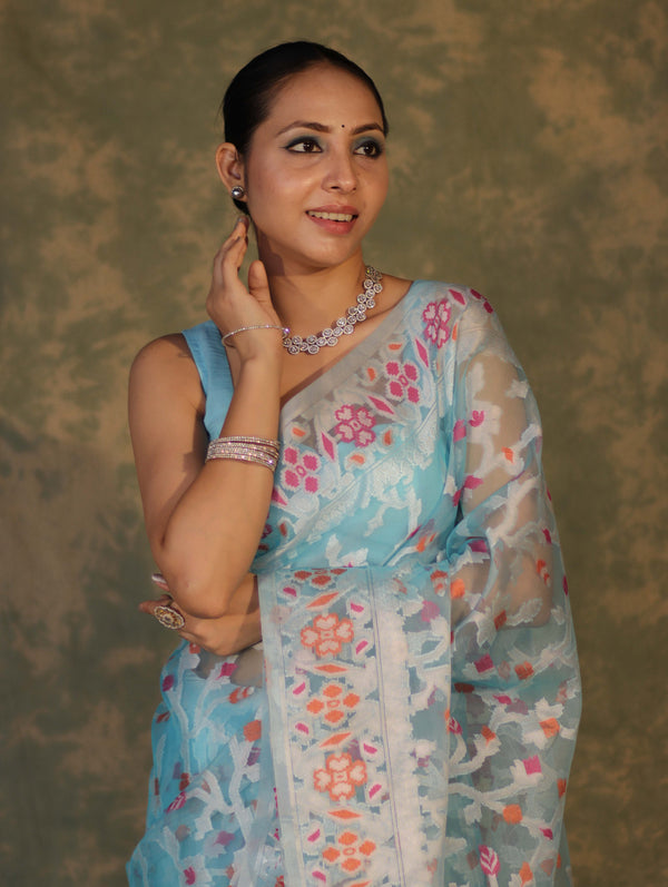 Banarasee Organza Mix Saree With Resham Jaal Design-Sky Blue