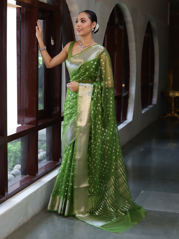 Banarasee Organza Mix Saree With Silver Zari Buti Design & Border-Leaf Green