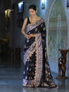 Banarasee Handloom Mashru Silk Saree With Sona Rupa Zari Work Border & Lace-Black