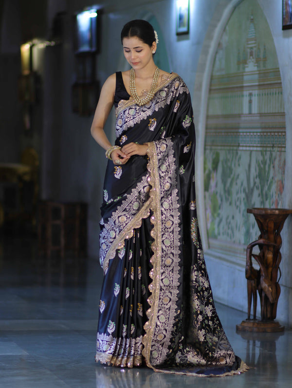 Banarasee Handloom Mashru Silk Saree With Sona Rupa Zari Work Border & Lace-Black