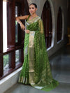 Banarasee Organza Mix Saree With Silver Zari Buti Design & Border-Leaf Green