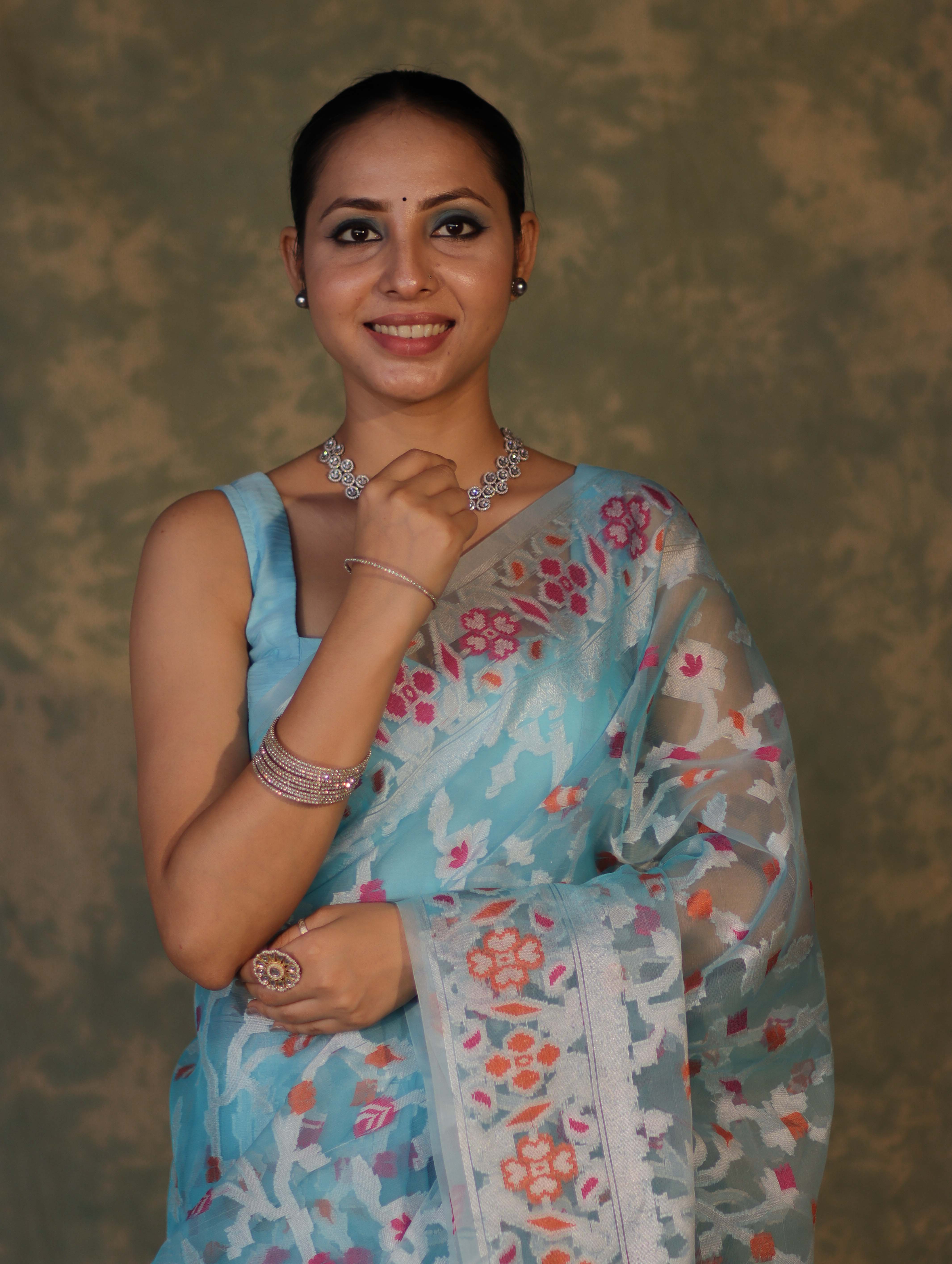 Banarasee Organza Mix Saree With Resham Jaal Design-Sky Blue