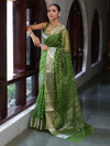 Banarasee Organza Mix Saree With Silver Zari Buti Design & Border-Leaf Green