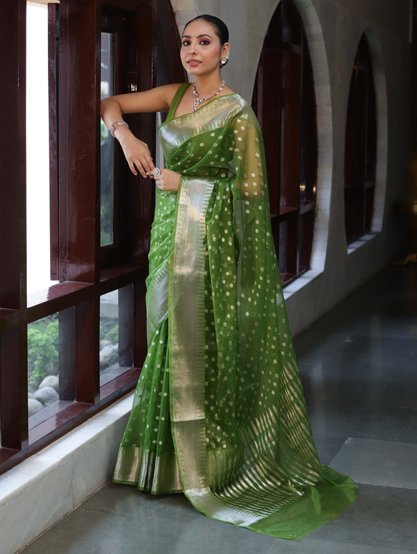 Banarasee Organza Mix Saree With Silver Zari Buti Design & Border-Leaf Green
