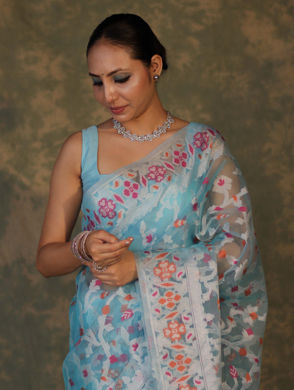 Banarasee Organza Mix Saree With Resham Jaal Design-Sky Blue