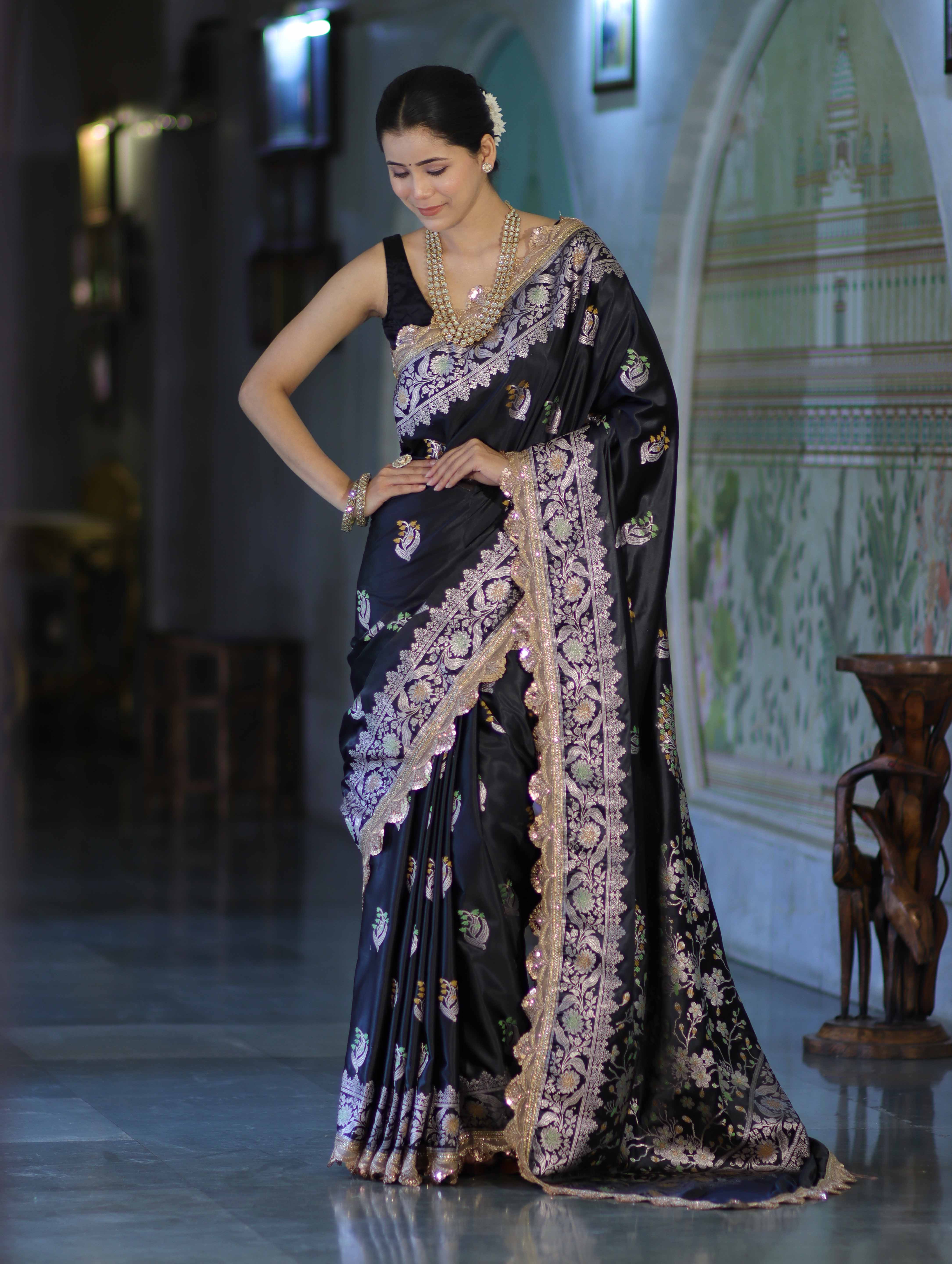 Banarasee Handloom Mashru Silk Saree With Sona Rupa Zari Work Border & Lace-Black