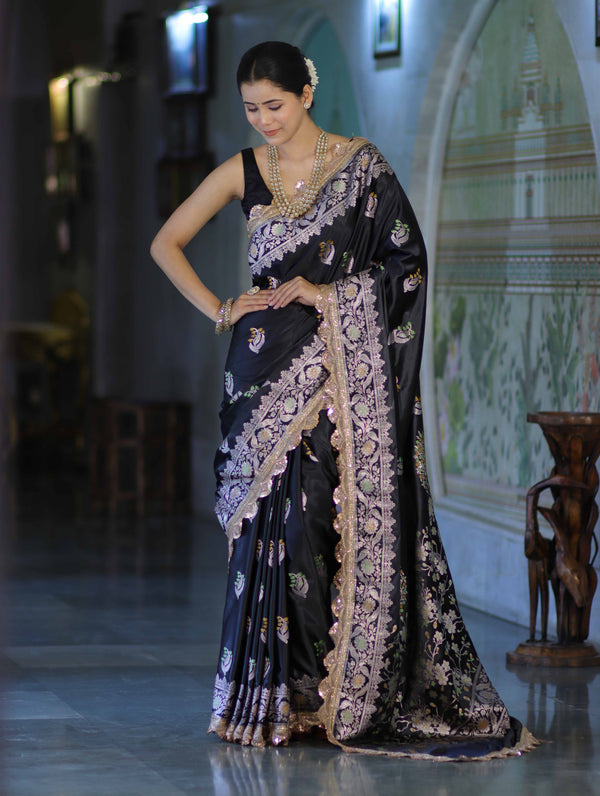 Banarasee Handloom Mashru Silk Saree With Sona Rupa Zari Work Border & Lace-Black