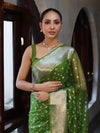 Banarasee Organza Mix Saree With Silver Zari Buti Design & Border-Leaf Green