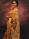 Banarasee Handwoven Broad Border Tissue Saree With Printed Floral Design-Gold