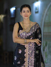 Banarasee Handloom Mashru Silk Saree With Sona Rupa Zari Work Border & Lace-Black