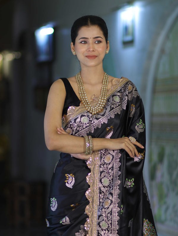 Banarasee Handloom Mashru Silk Saree With Sona Rupa Zari Work Border & Lace-Black
