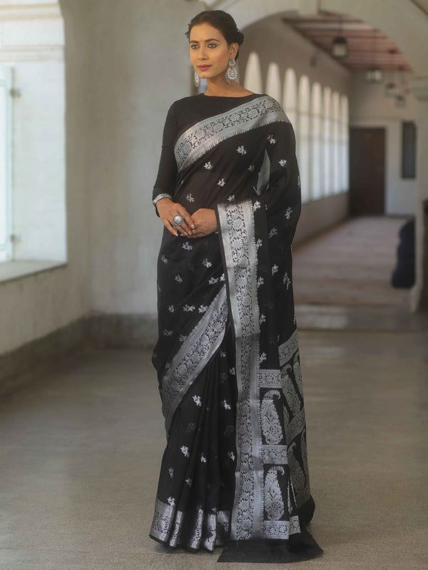 Banarasee Semi-Georgette Saree Silver Zari Buti Design & Border-Black