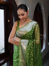 Banarasee Organza Mix Saree With Silver Zari Buti Design & Border-Leaf Green