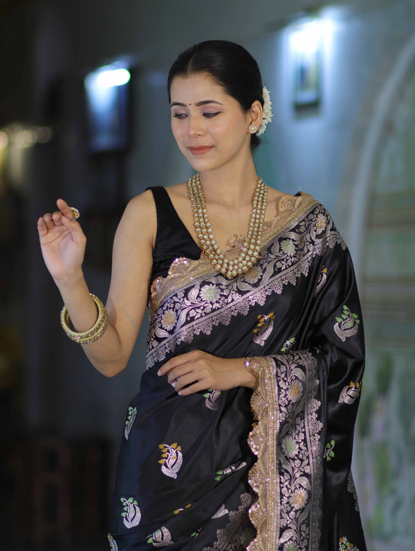 Banarasee Handloom Mashru Silk Saree With Sona Rupa Zari Work Border & Lace-Black