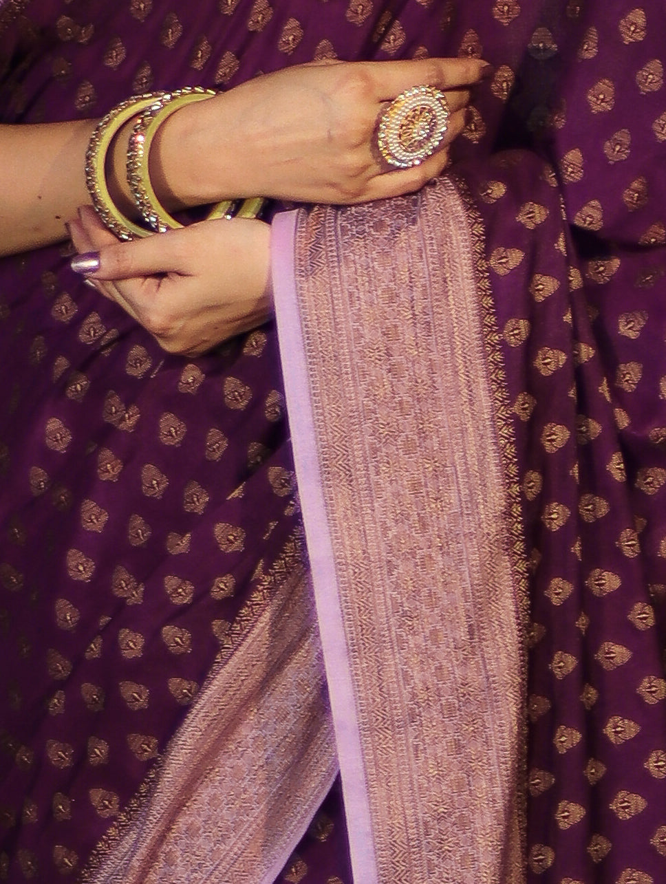 Banarasee Handloom Soft Cotton Saree With Resham Work & Contrast Border-Violet & Lilac
