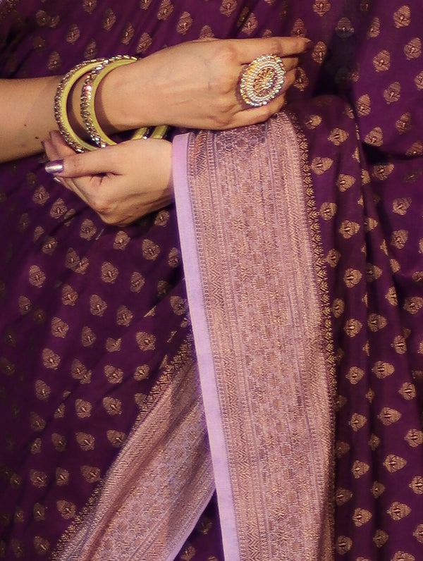 Banarasee Handloom Soft Cotton Saree With Resham Work & Contrast Border-Violet & Lilac