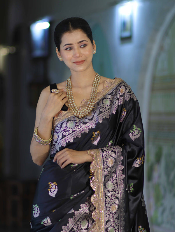 Banarasee Handloom Mashru Silk Saree With Sona Rupa Zari Work Border & Lace-Black