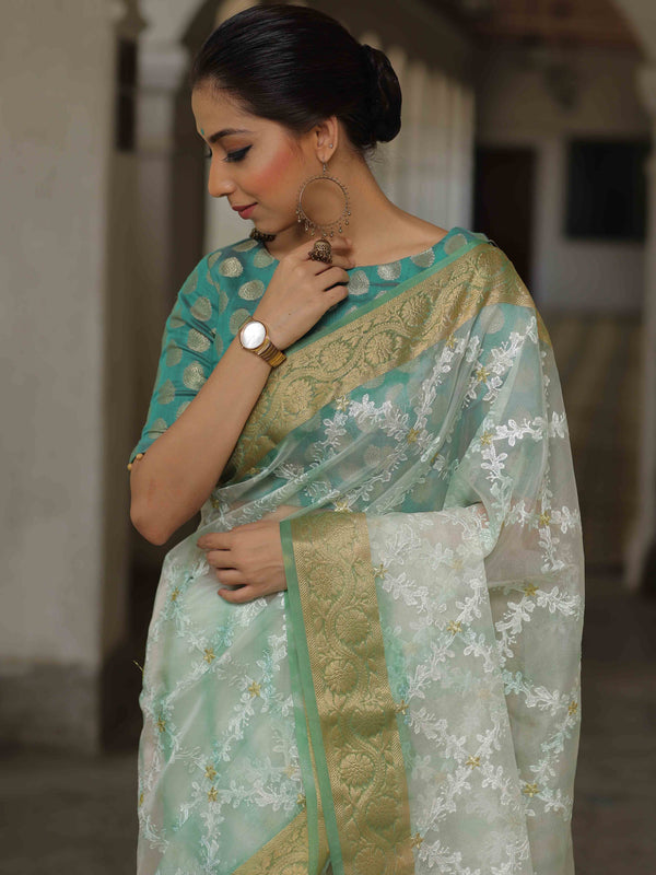 Banarasee Handwoven Organza Silk With Embroidered Saree-Green & White