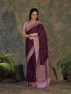 Banarasee Handloom Soft Cotton Saree With Resham Work & Contrast Border-Violet & Lilac