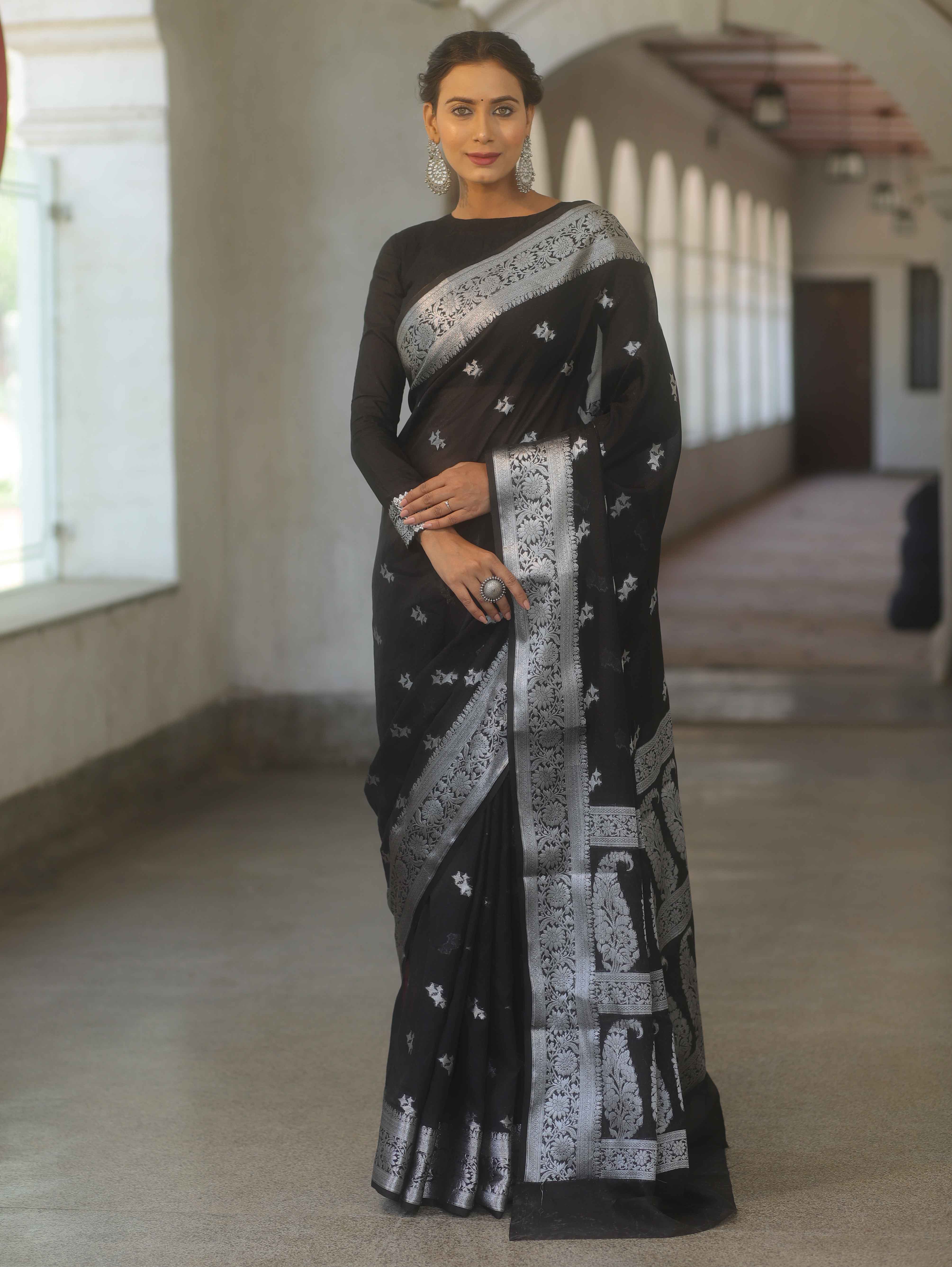 Banarasee Semi-Georgette Saree Silver Zari Buti Design & Border-Black