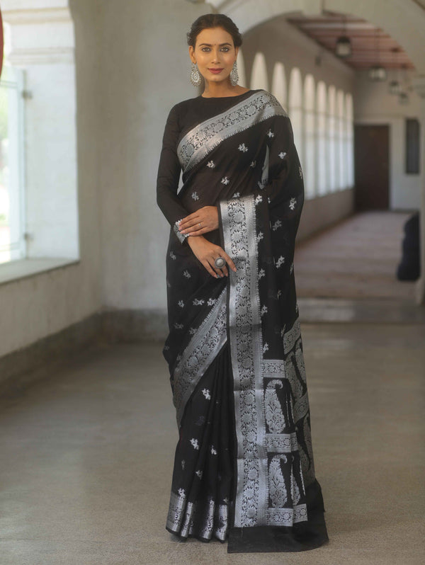 Banarasee Semi-Georgette Saree Silver Zari Buti Design & Border-Black