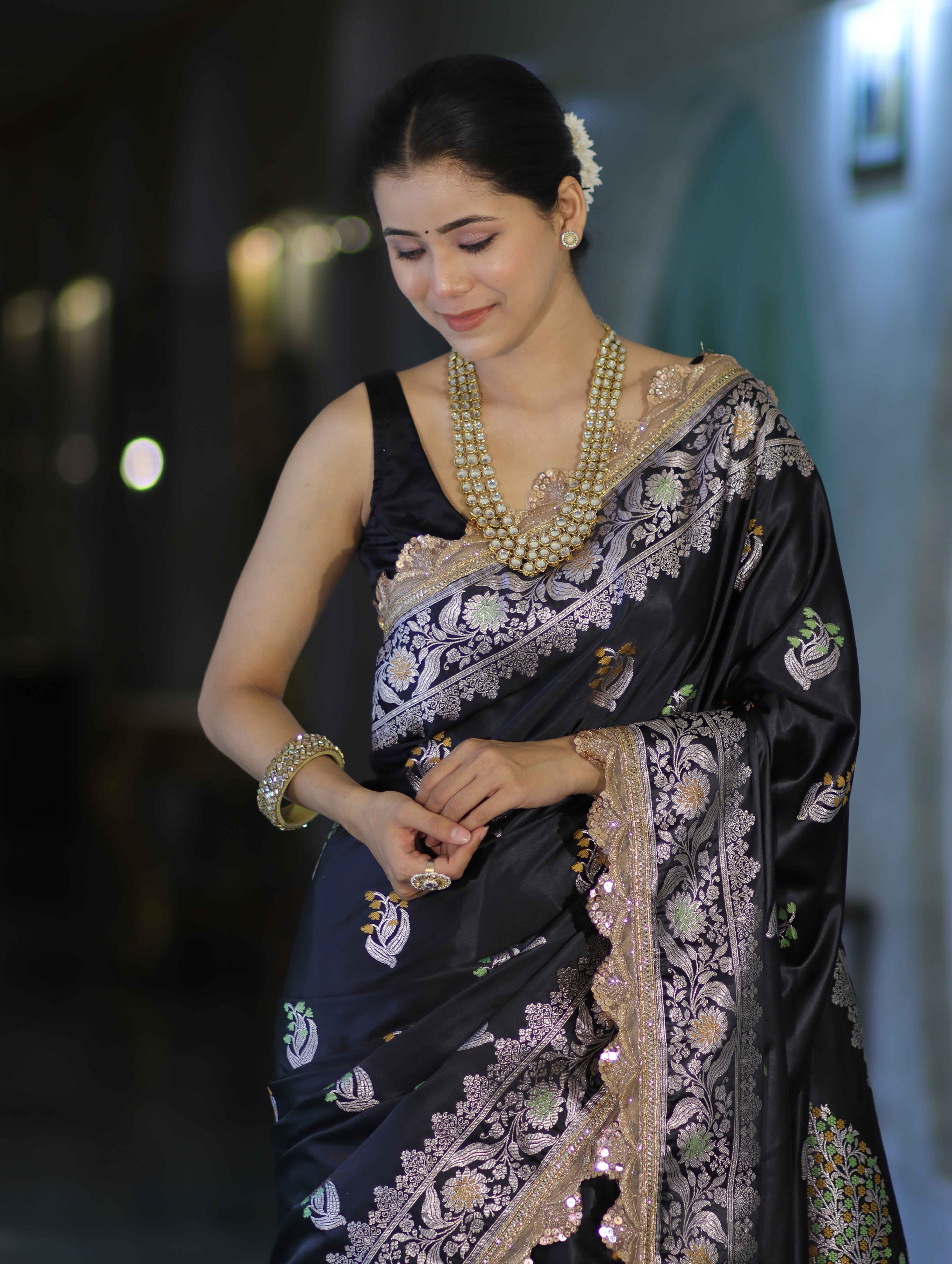 Banarasee Handloom Mashru Silk Saree With Sona Rupa Zari Work Border & Lace-Black