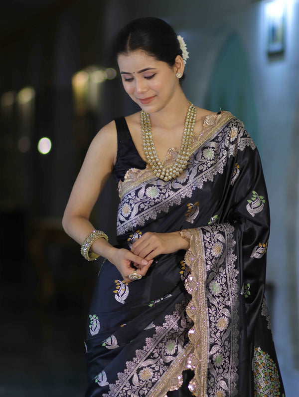 Banarasee Handloom Mashru Silk Saree With Sona Rupa Zari Work Border & Lace-Black