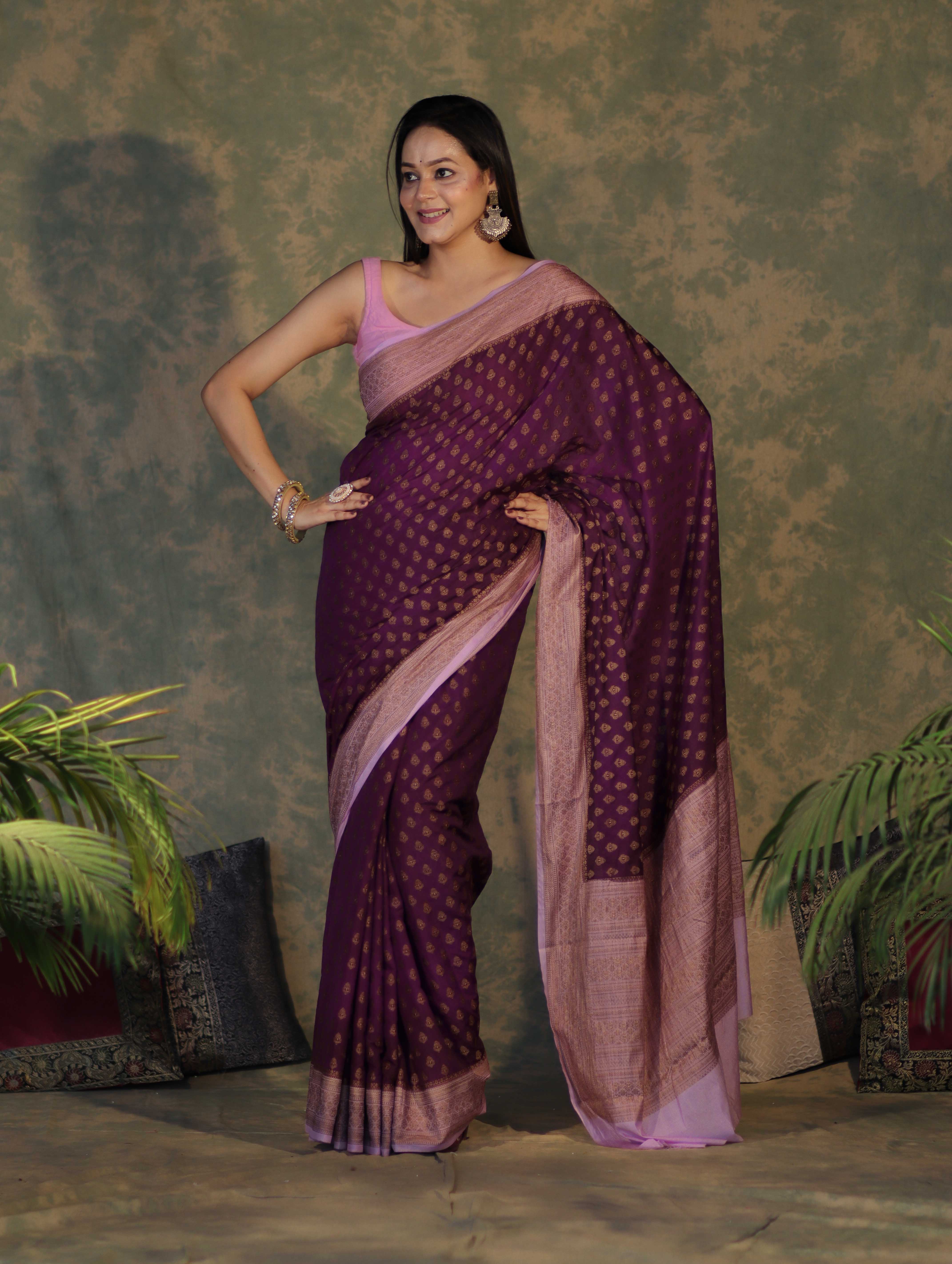 Banarasee Handloom Soft Cotton Saree With Resham Work & Contrast Border-Violet & Lilac