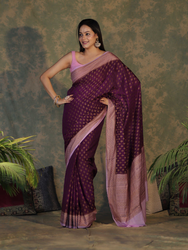 Banarasee Handloom Soft Cotton Saree With Resham Work & Contrast Border-Violet & Lilac
