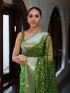 Banarasee Organza Mix Saree With Silver Zari Buti Design & Border-Leaf Green