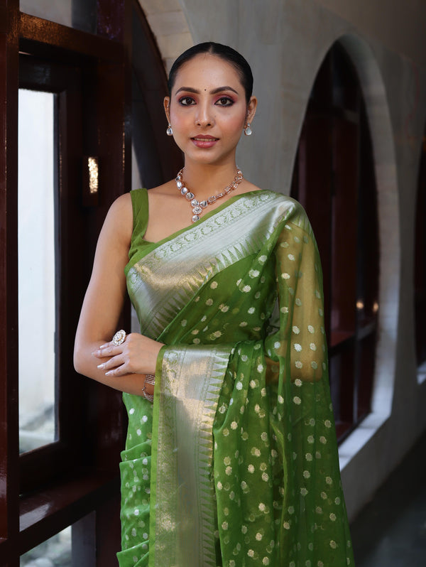 Banarasee Organza Mix Saree With Silver Zari Buti Design & Border-Leaf Green