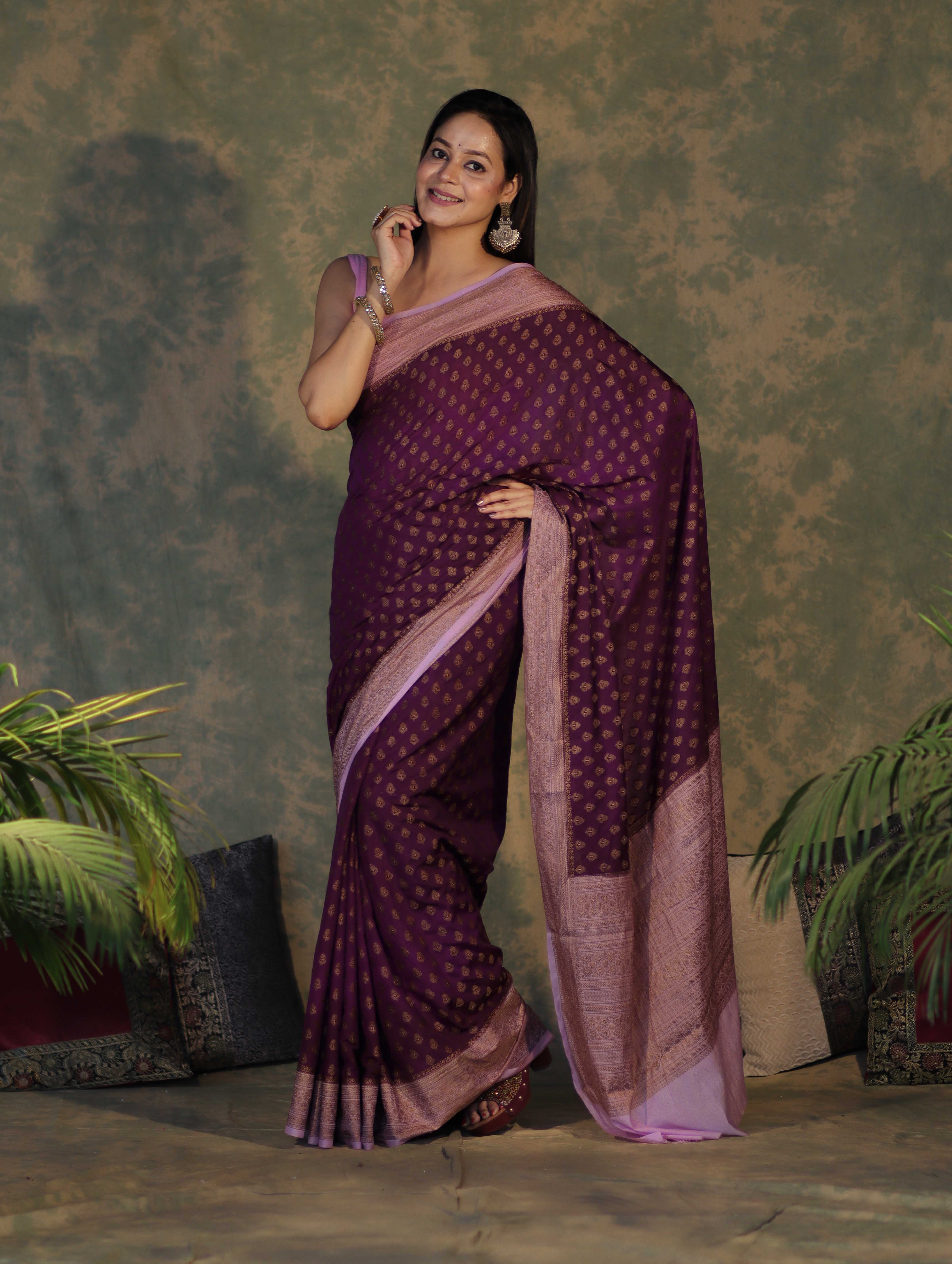 Banarasee Handloom Soft Cotton Saree With Resham Work & Contrast Border-Violet & Lilac