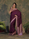 Banarasee Handloom Soft Cotton Saree With Resham Work & Contrast Border-Violet & Lilac