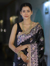 Banarasee Handloom Mashru Silk Saree With Sona Rupa Zari Work Border & Lace-Black