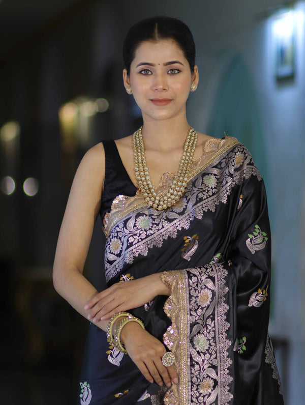 Banarasee Handloom Mashru Silk Saree With Sona Rupa Zari Work Border & Lace-Black