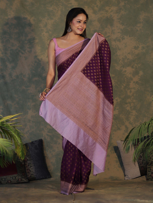Banarasee Handloom Soft Cotton Saree With Resham Work & Contrast Border-Violet & Lilac