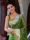 Banarasee Organza Mix Saree With Silver Zari Buti Design & Border-Leaf Green