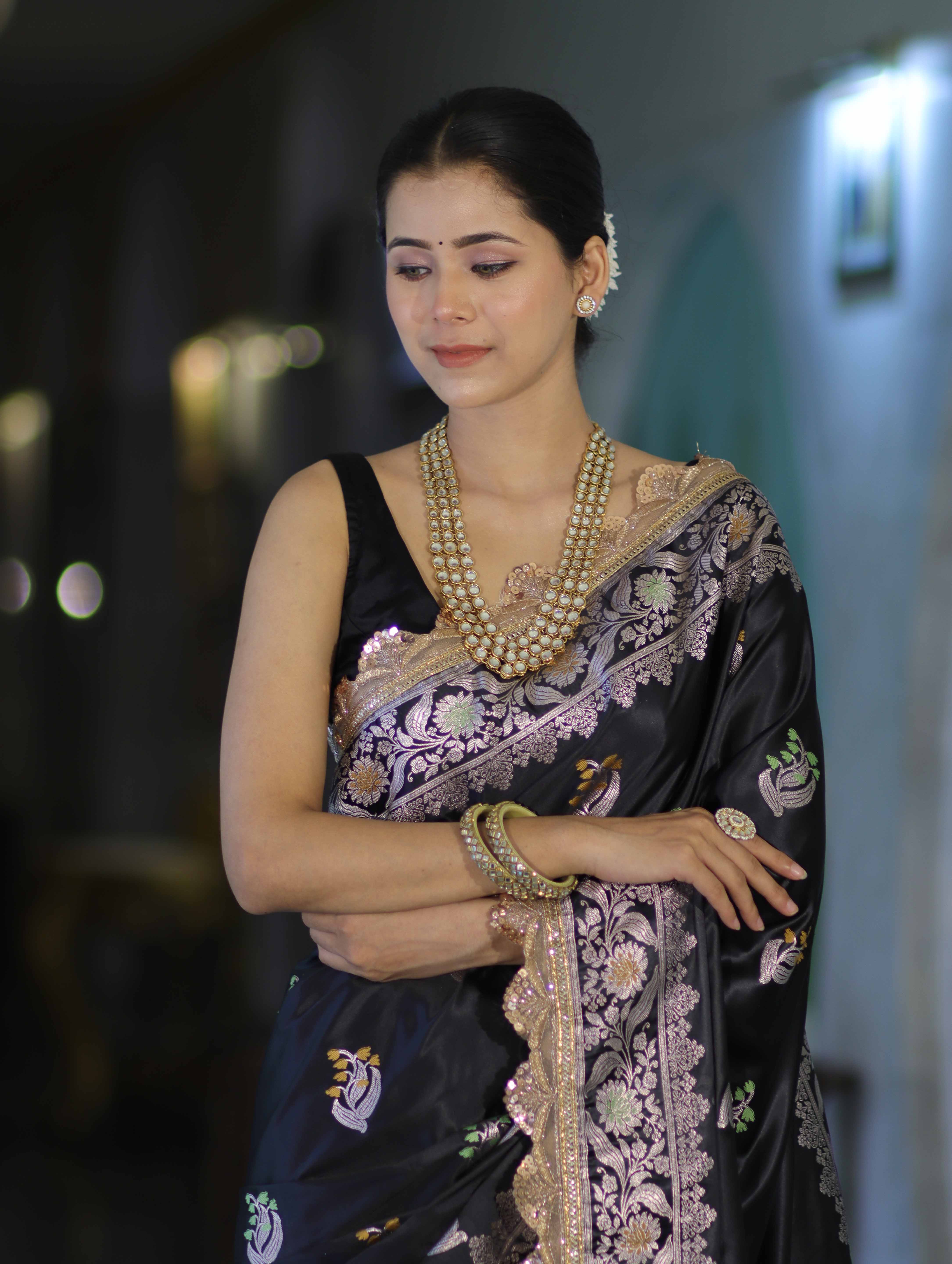 Banarasee Handloom Mashru Silk Saree With Sona Rupa Zari Work Border & Lace-Black