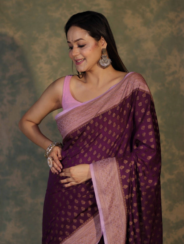 Banarasee Handloom Soft Cotton Saree With Resham Work & Contrast Border-Violet & Lilac