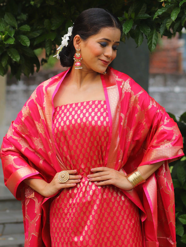 Banarasee Salwar Kameez Semi Katan Silk Fabric With Zari Work-Pink