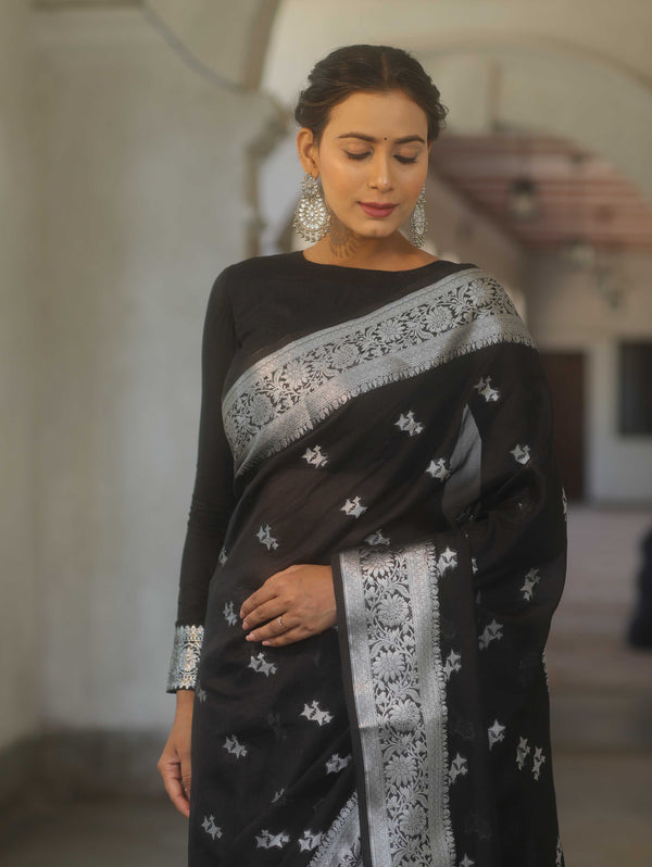 Banarasee Semi-Georgette Saree Silver Zari Buti Design & Border-Black