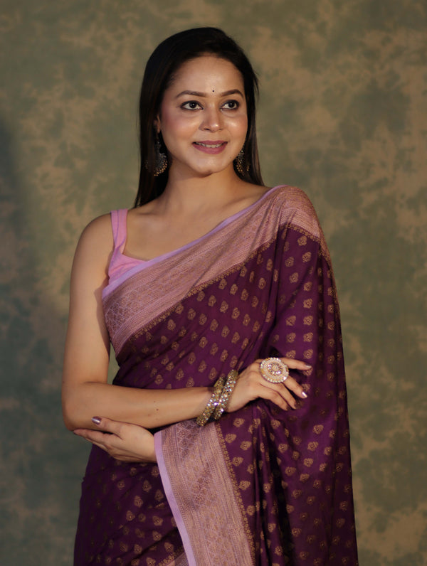 Banarasee Handloom Soft Cotton Saree With Resham Work & Contrast Border-Violet & Lilac