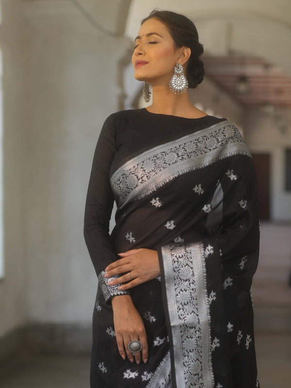 Banarasee Semi-Georgette Saree Silver Zari Buti Design & Border-Black