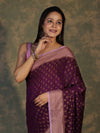 Banarasee Handloom Soft Cotton Saree With Resham Work & Contrast Border-Violet & Lilac