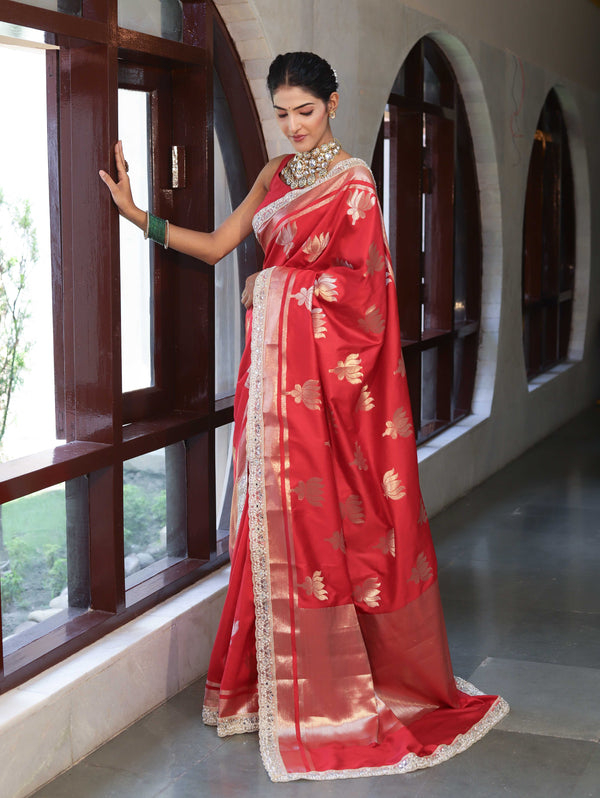 Banarasee Handwoven Semi Silk Saree With Zari Buta Design & Lace-Red