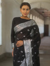 Banarasee Semi-Georgette Saree Silver Zari Buti Design & Border-Black